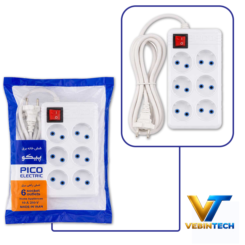 رابط برق 6 خانه کابل 3 متری پیکو الکتریک Pico